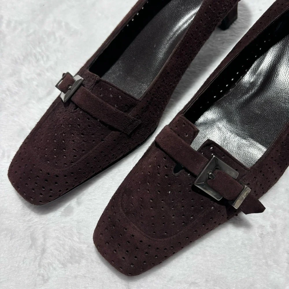 Stuart Weitzman Perforated‎ Suede Heeled Loafers Size 6